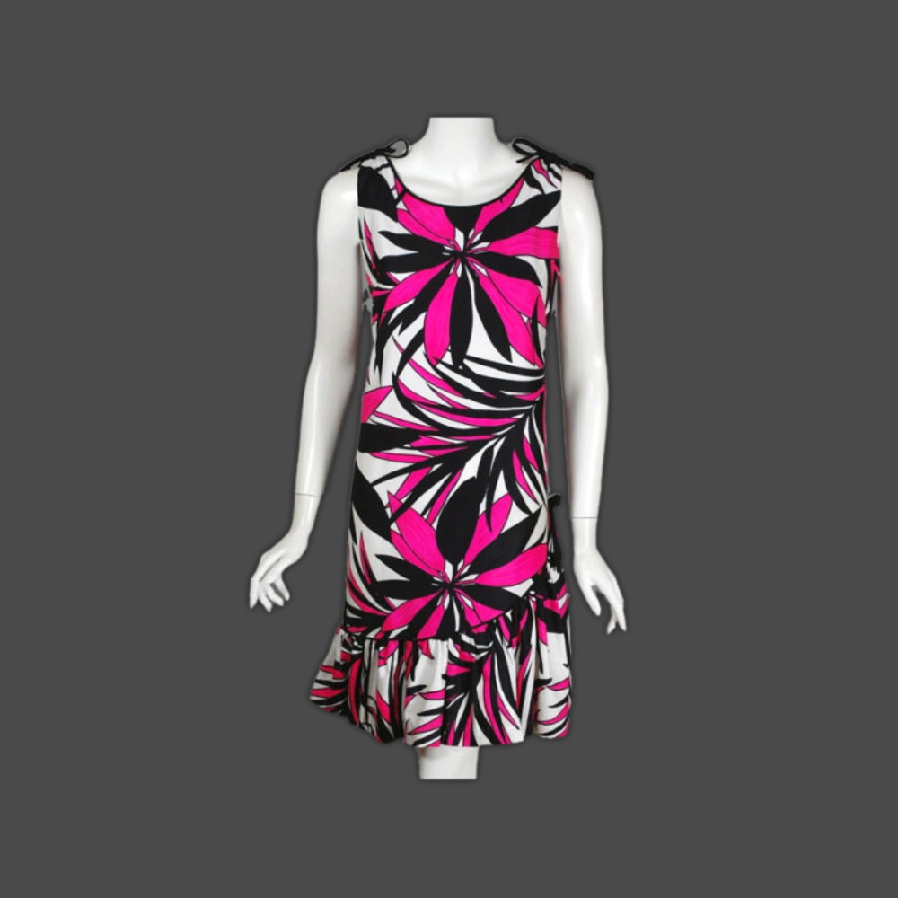 Hot pink and black wild print 1960s dress