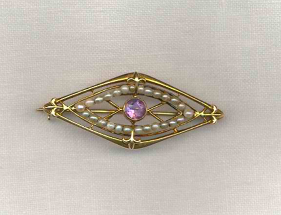 early 1900s 14k amethyst and pearl brooch - Courtesy of linnscollection