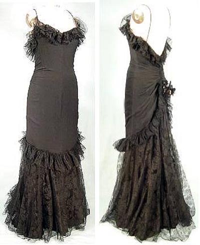 Greer evening dress c. 1949 Black Silk Chiffon & Chantilly Lace Gown