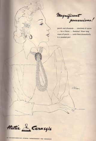 Jewelry ad from the November 1946 Vogue. Drawing of Ms. Carnegie wearing her pearls