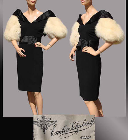  1950s Emilio Schuberth satin & fox trim dress - Courtesy of poppysvintageclothing