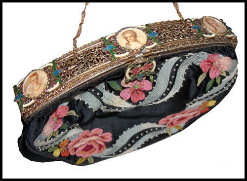 1920s silk purse with hand painted portraits - Courtesy of pinkyagogo