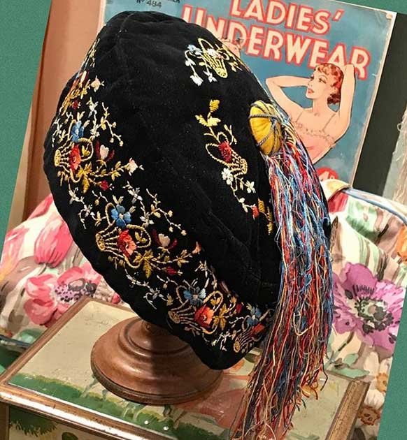 Victorian hand embroidered silk smoking hat - Courtesy of pastcaringvintage