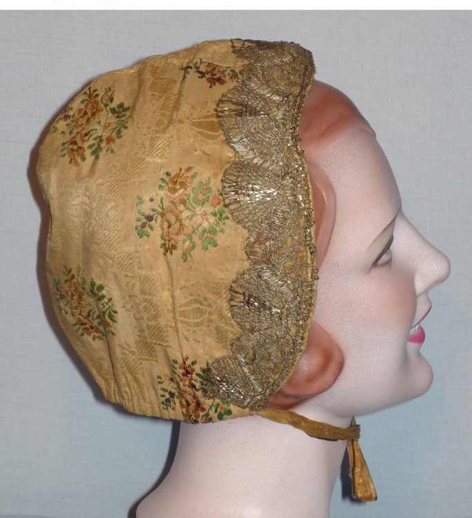 Late 18th Century-Early 19th Century bonnet with silver bouillion - Courtesy of BonniesVintageClothesLine
