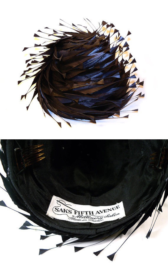 1950s Saks Fifth Avenue hand trimmed feather cocktail hat - Courtesy of pinkyagogo