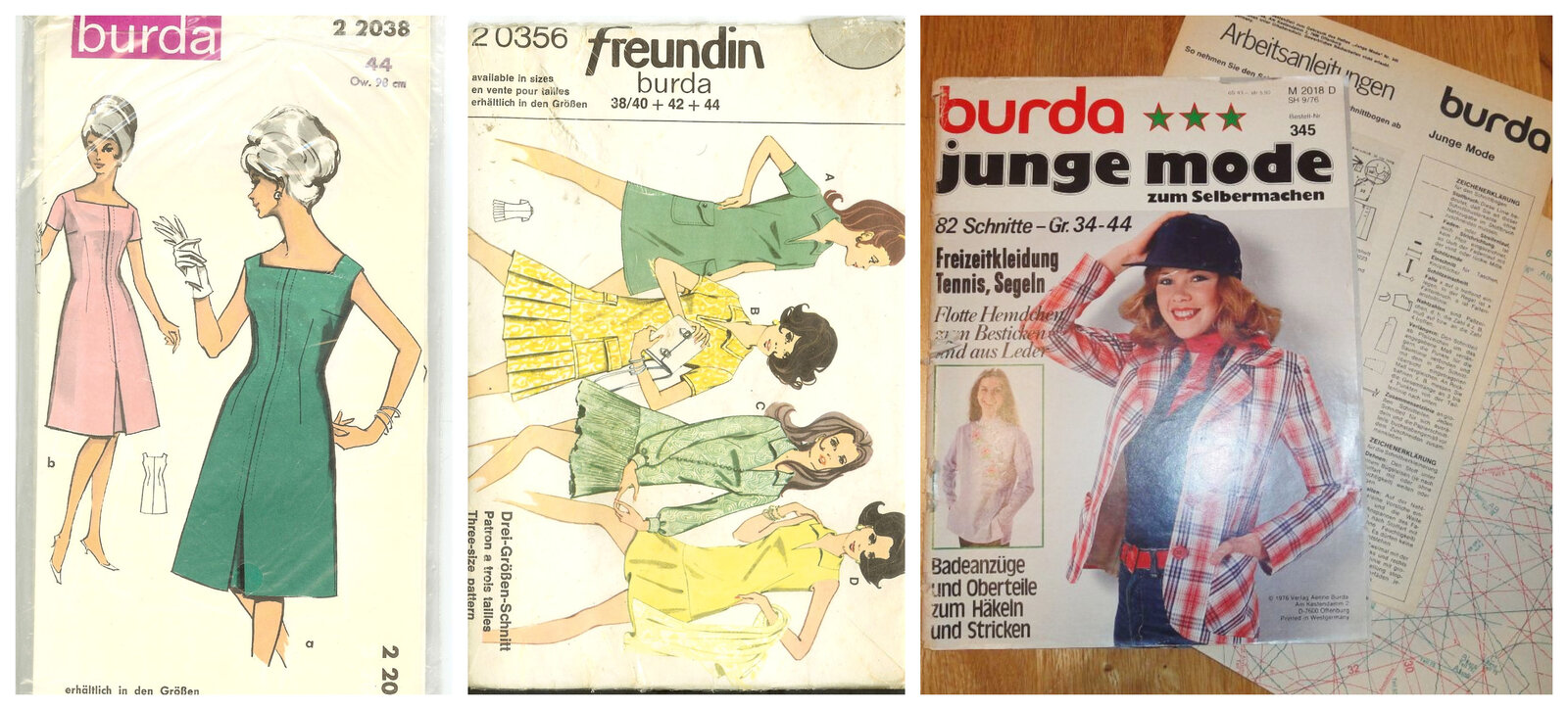 1960s pattern; Early 1970s multi-size pattern with Freundin magazine endorsement; 1970s Burda Moden special issue for teenagers