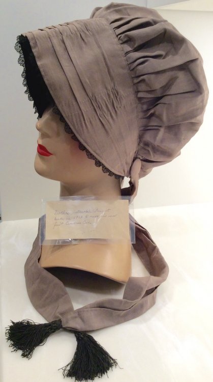 1912 automobile bonnet.  Note reads, Mother's Automobile Bonnet; Made in 1912 to wear in our first Cadillac Car.  - Courtesy of lkranieri