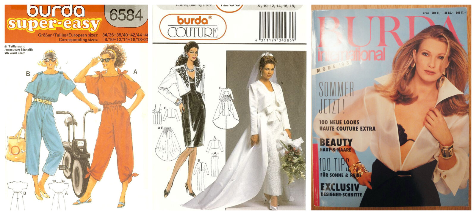 1980s Burda super-easy pattern; 1990s Burda Couture pattern; Burda international 1993