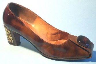 American brown patent leather pump with brass studded heel by Beth Levine, c. 1967