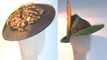 English black straw afternoon hat c. 1935 Green felt and rust suede hat, c. 1938