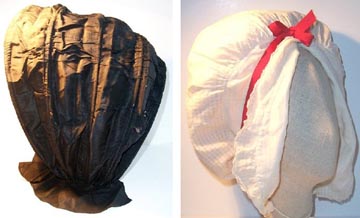 English black silk taffeta Calash, c. 1780 English white cotton bonnet, c. 1780