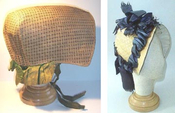 American woven straw bonnet, c. 1800 English bonnet board bonnet, c. 1812