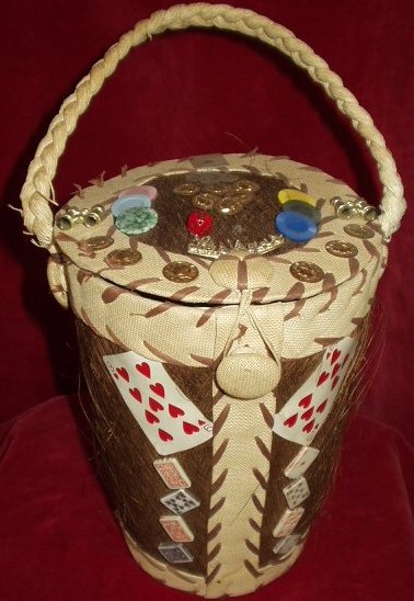 Early 1960s card decorated straw bag Courtesy of TheVintagePeddler