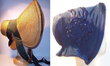 English bonnet, c. 1830 American blue silk bonnet, c. 1848