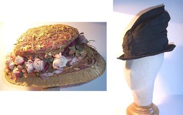 Fancy straw hat with pink rose trim, c. 1912 American black silk faille hat, c. 1914