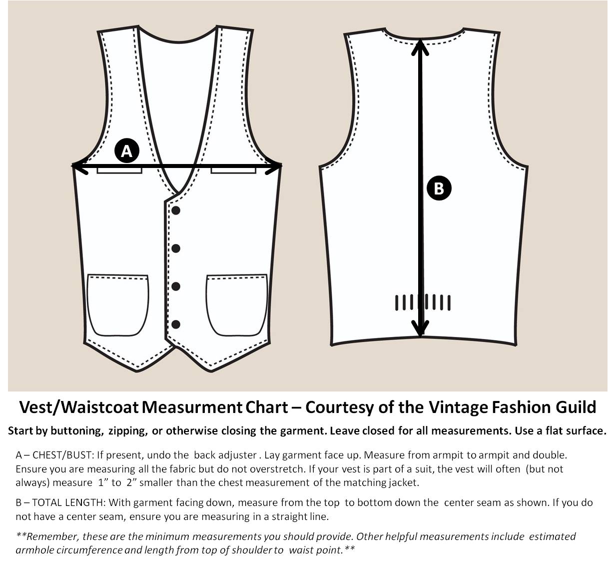 Vintage Fashion Guild Mens Vest Measurement Chart - Courtesy of The Vintage Fashion Guild