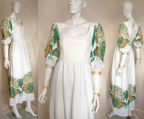 late 1960s renaissance styled white dress with extraordinary green and orange print Courtesy of emmapeelpants