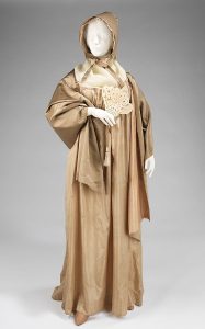 American wedding dress with wrap and bonnet, 1808