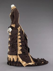brown wedding dress from side, 1879