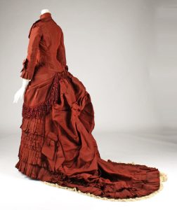 back view of dark red wedding dress, 1879
