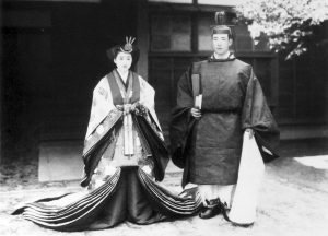 Prince Nagahisa Kitashirakawa and bride, in Japanese dress, 1935
