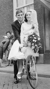 Bride & groom on a bicyle, 1964 Netherlands
