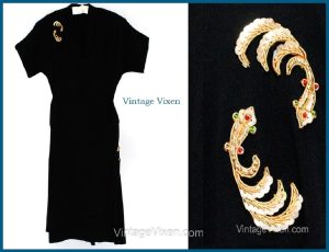 black dress with gold koi appliques